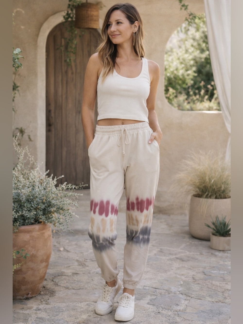 Knox Rose Women's Cream Tie Dye Jogger Sweatpants Cozy
Lounge Pants Size M